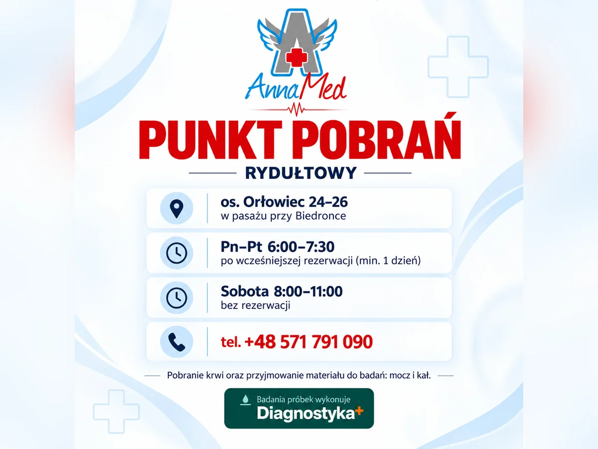 Grafika AnnaMed: Punkt pobrań i badania laboratoryjne w AnnaMed w Rydułtowach