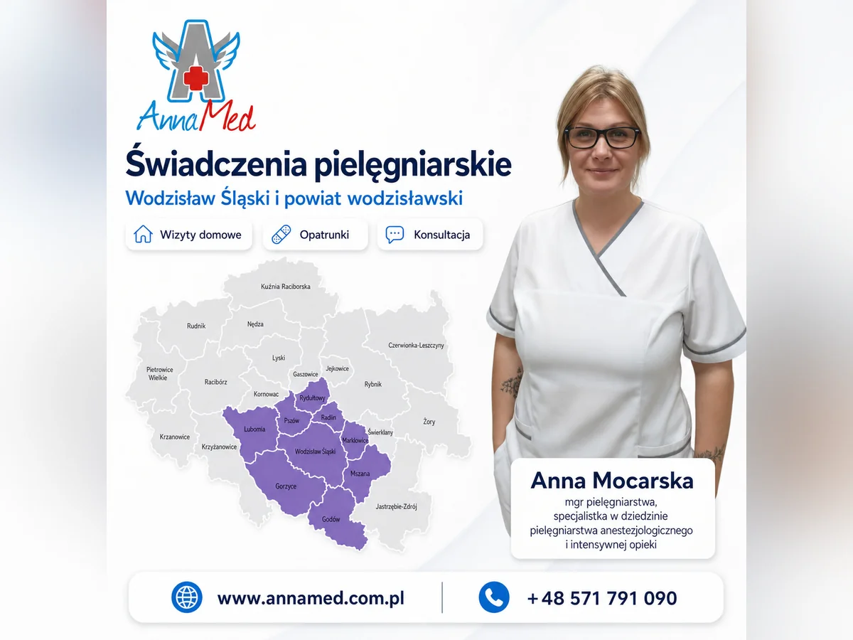 Grafika AnnaMed: Wizyty pielęgniarskie z dojazdem – Wodzisław Śląski i powiat wodzisławski