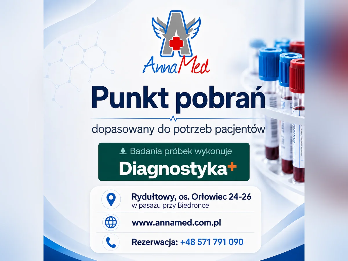 Grafika AnnaMed: Badania laboratoryjne w AnnaMed Rydułtowy – wygodny model organizacji pobrań