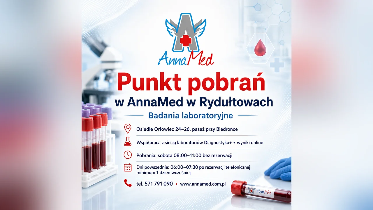 Grafika AnnaMed: Punkt Pobrań w AnnaMed w Rydułtowach – badania laboratoryjne
