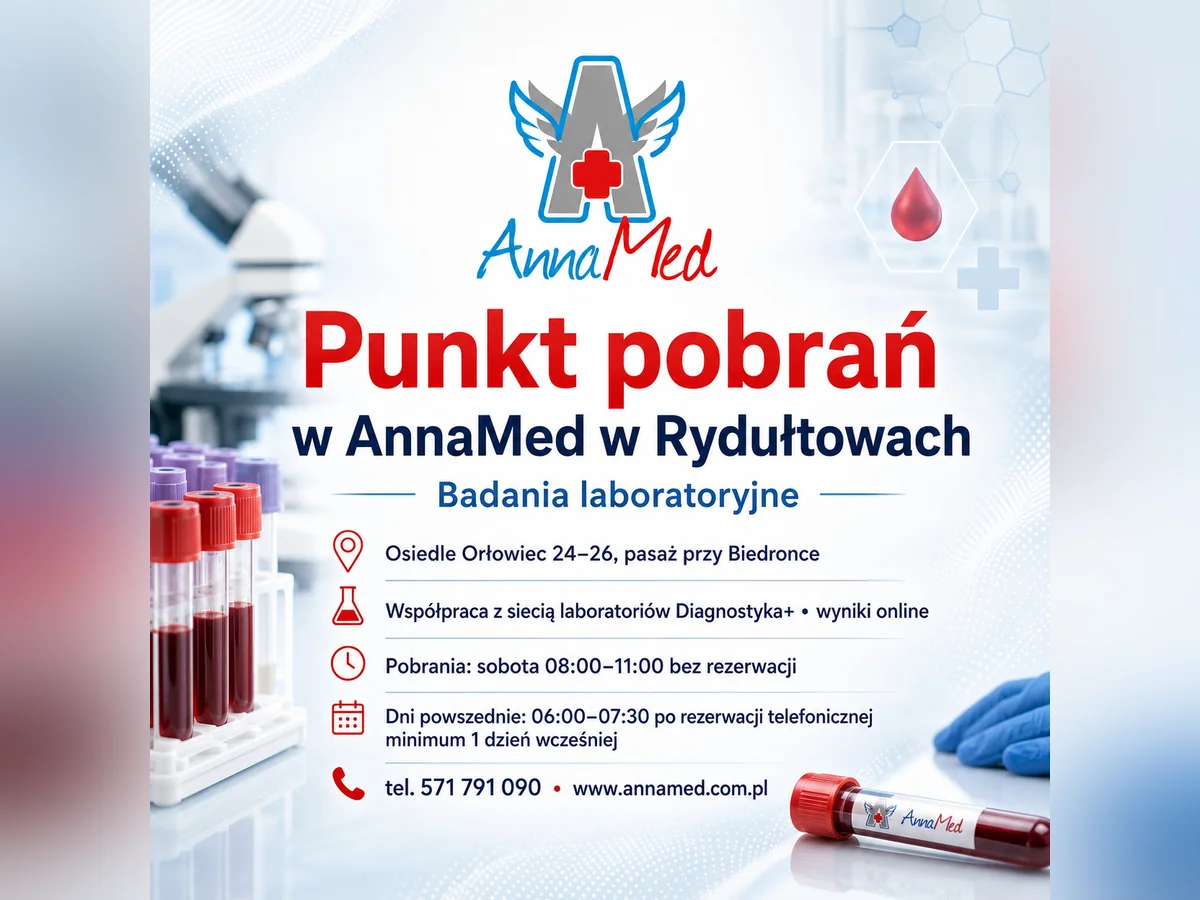 Grafika AnnaMed: Punkt Pobrań w AnnaMed w Rydułtowach – badania laboratoryjne