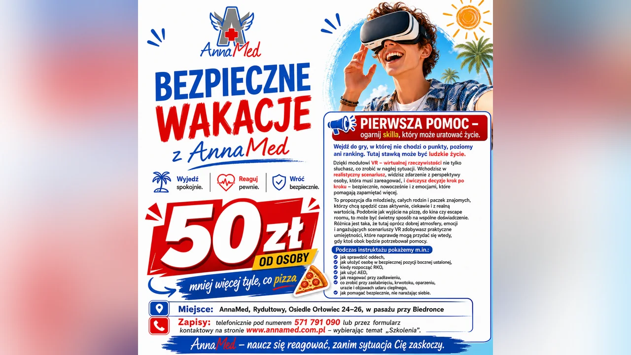 Grafika AnnaMed: Bezpieczne Wakacje z AnnaMed – pierwsza pomoc z VR