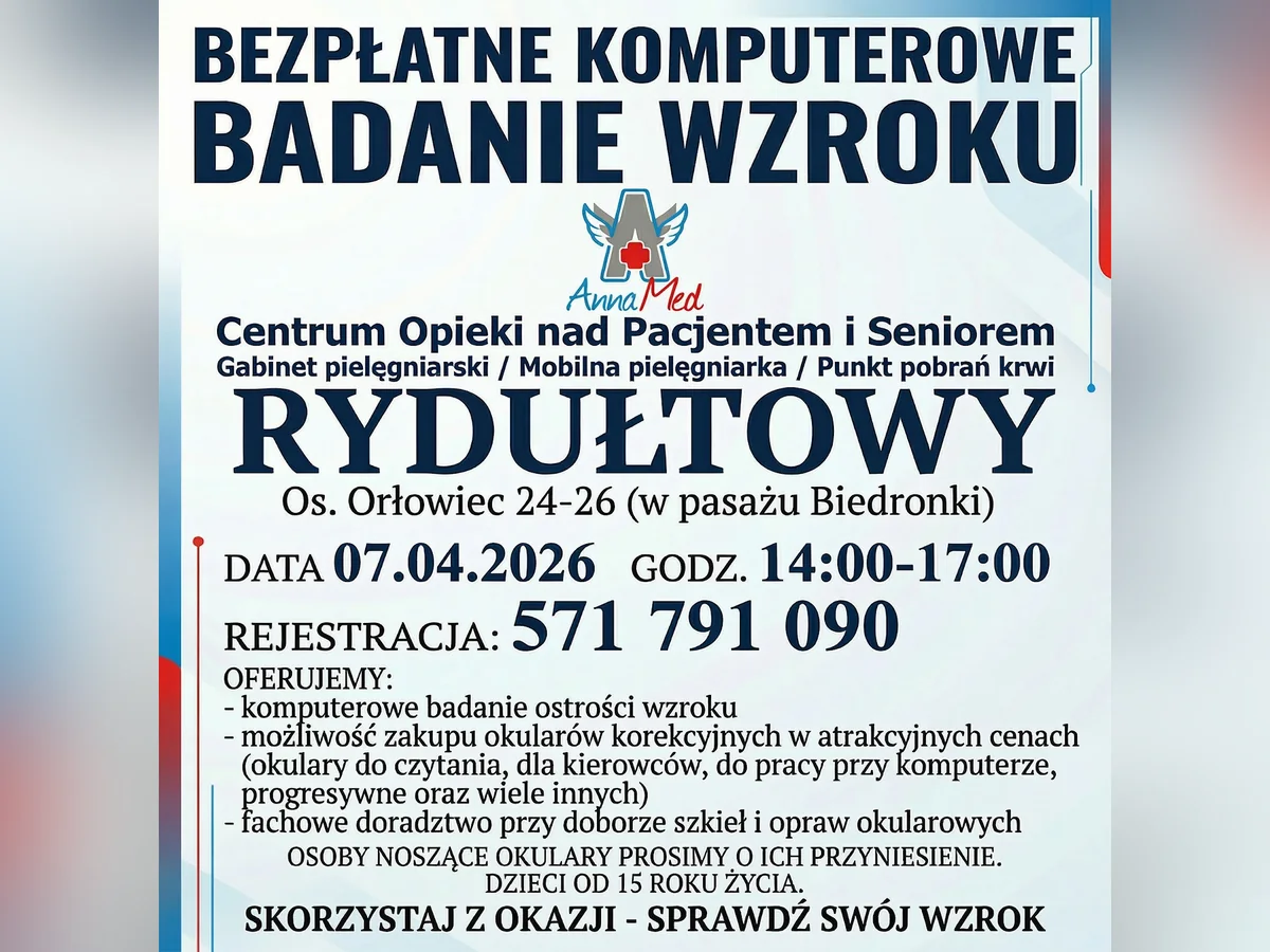 Grafika AnnaMed: Bezpłatne komputerowe badanie wzroku w Rydułtowach