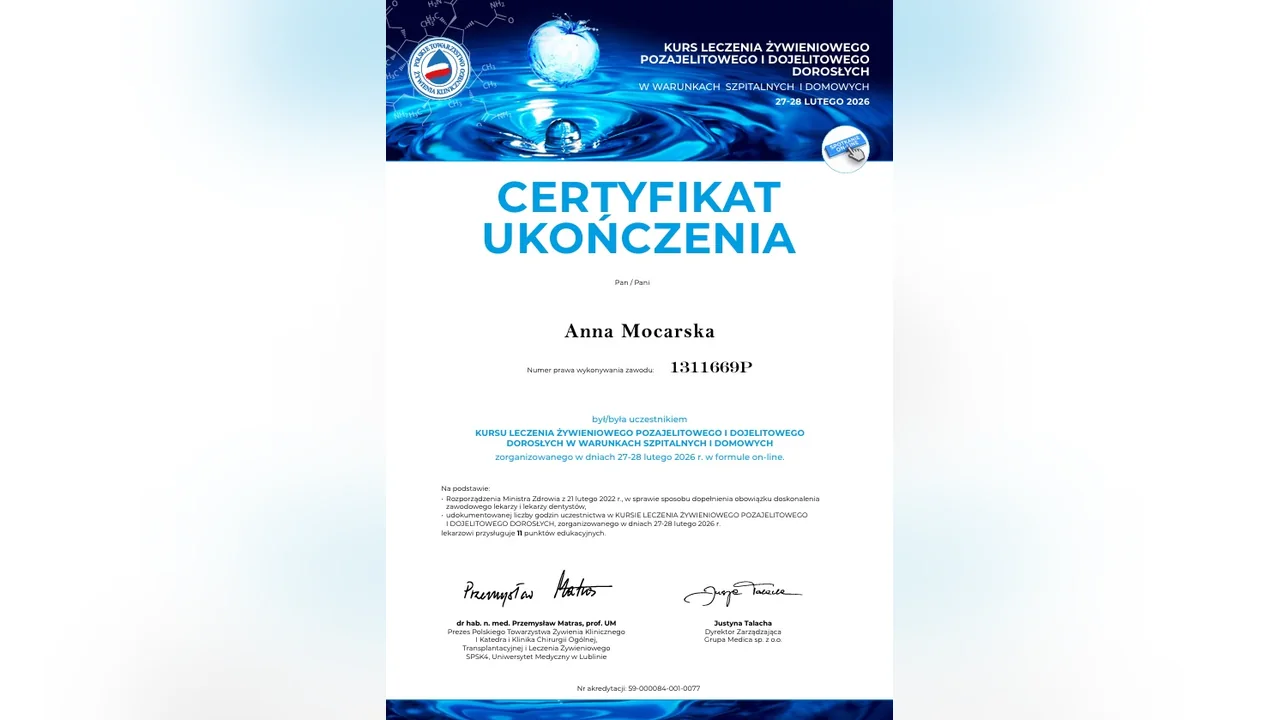 Grafika AnnaMed: Nowe kompetencje Anny Mocarskiej – certyfikowane leczenie żywieniowe
