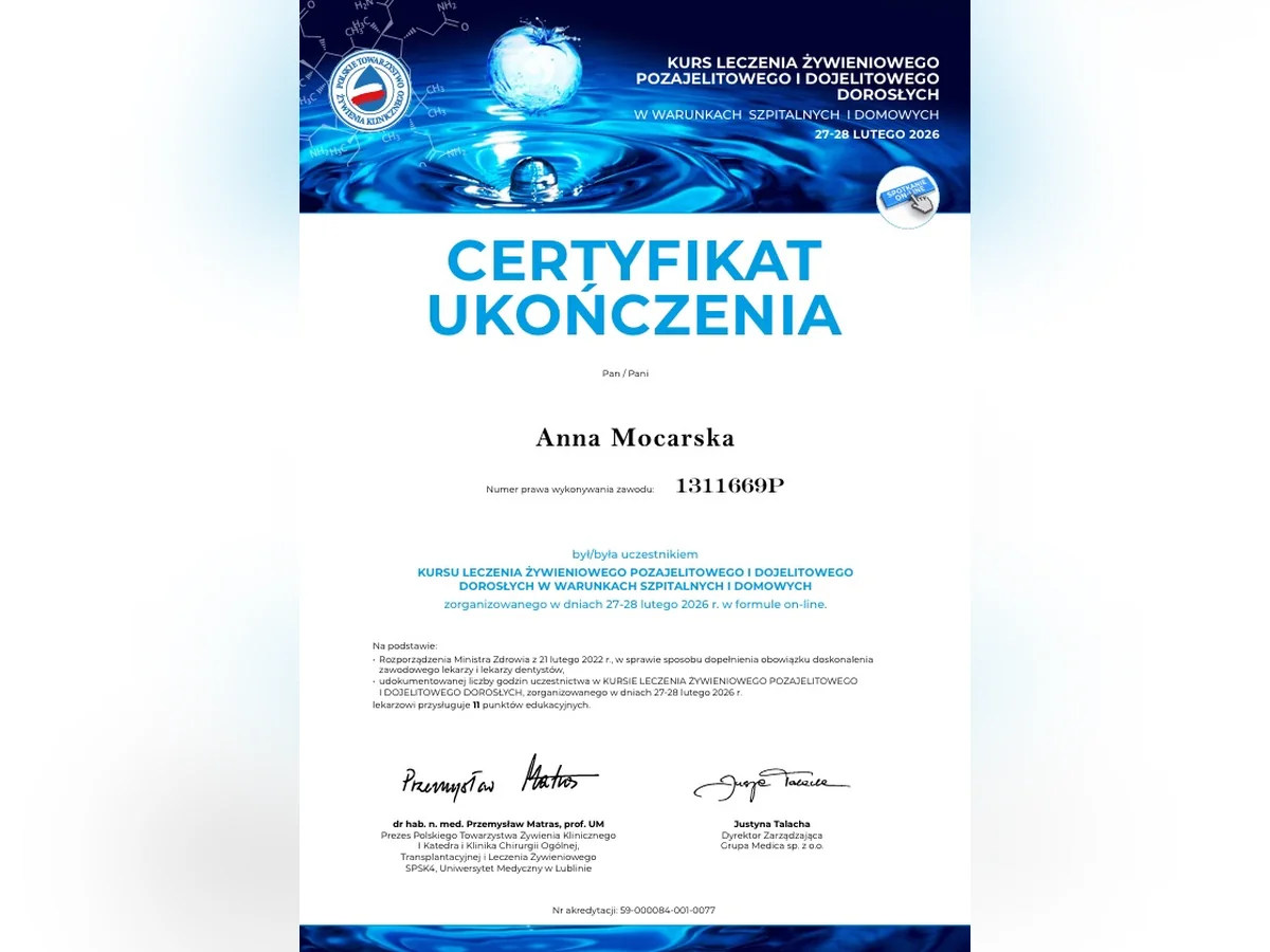Grafika AnnaMed: Nowe kompetencje Anny Mocarskiej – certyfikowane leczenie żywieniowe