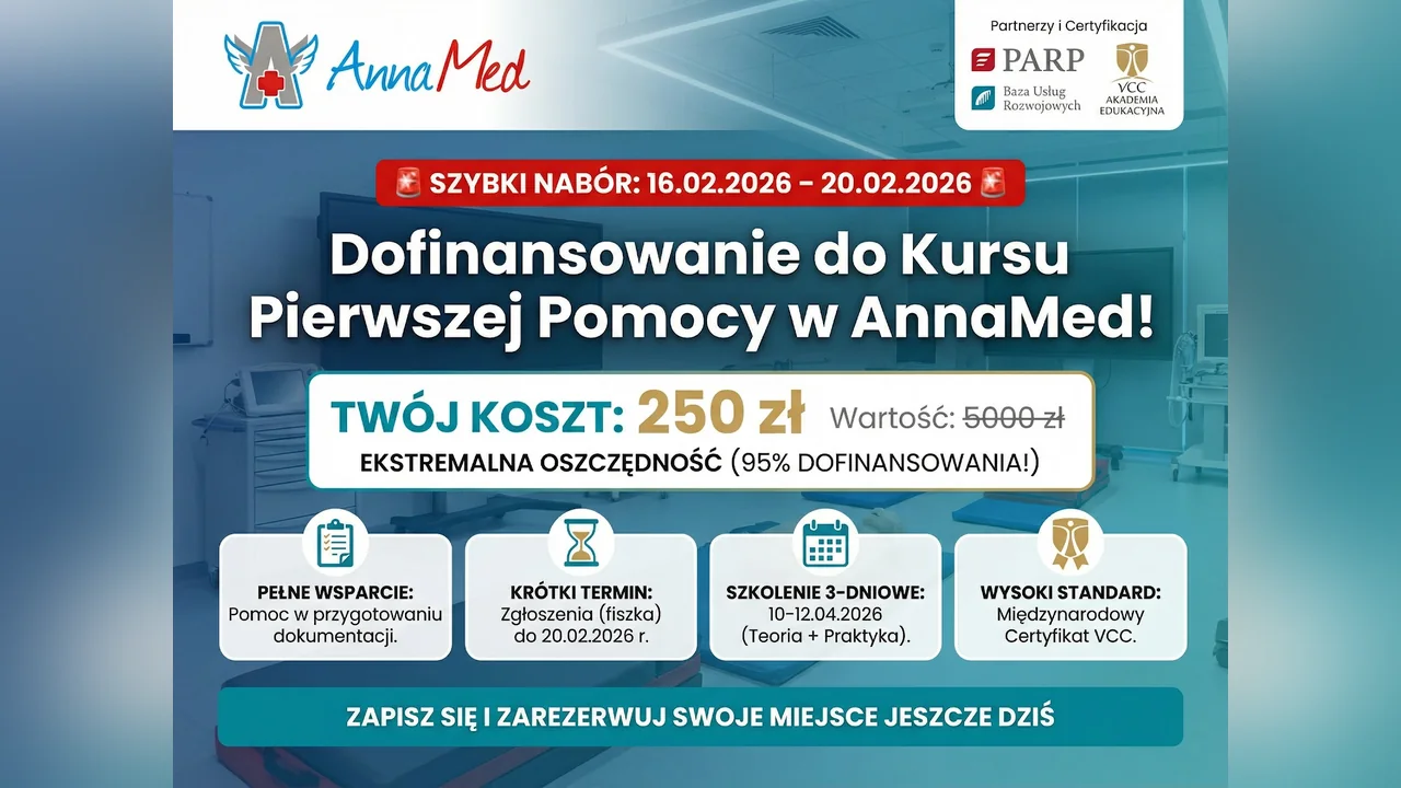 Grafika AnnaMed: Szybki nabór – dofinansowanie do kursu pierwszej pomocy w AnnaMed