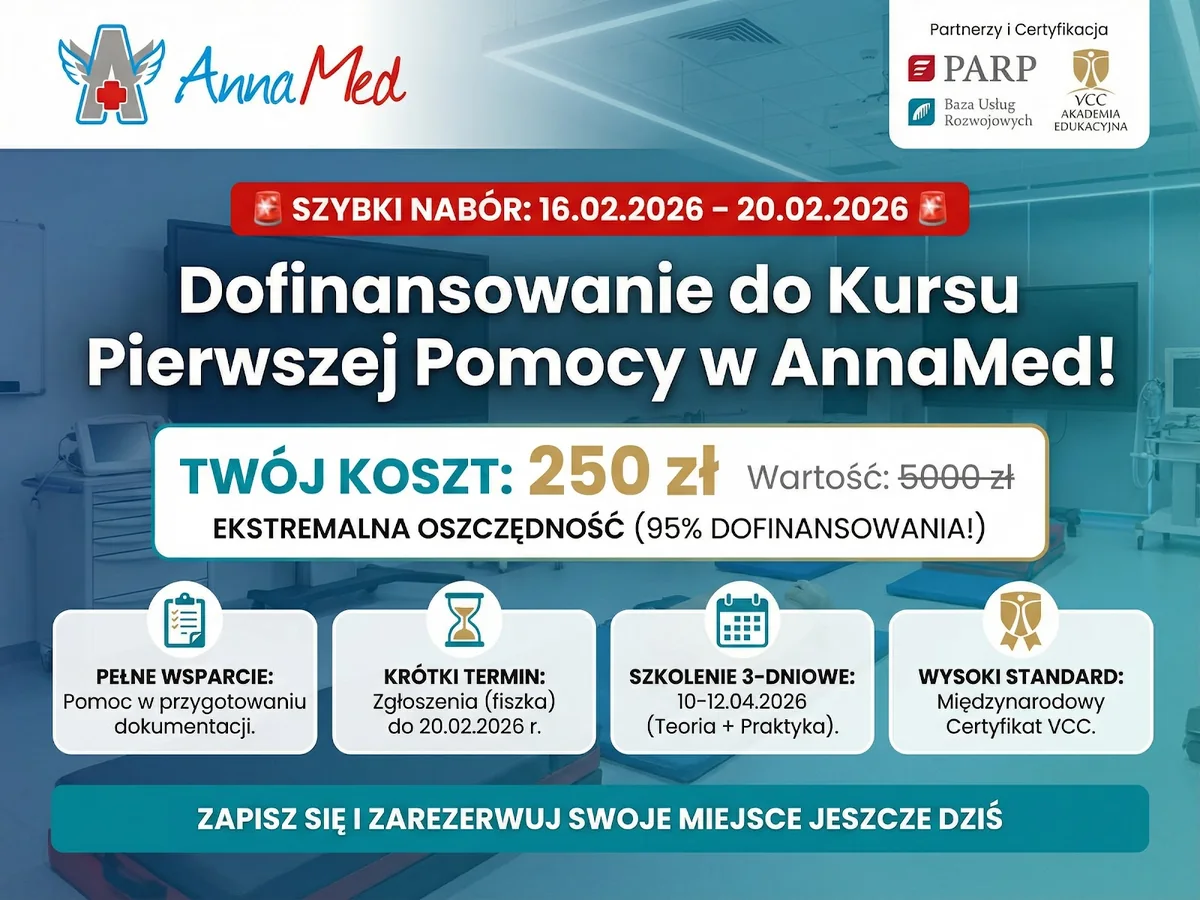 Grafika AnnaMed: Szybki nabór – dofinansowanie do kursu pierwszej pomocy w AnnaMed
