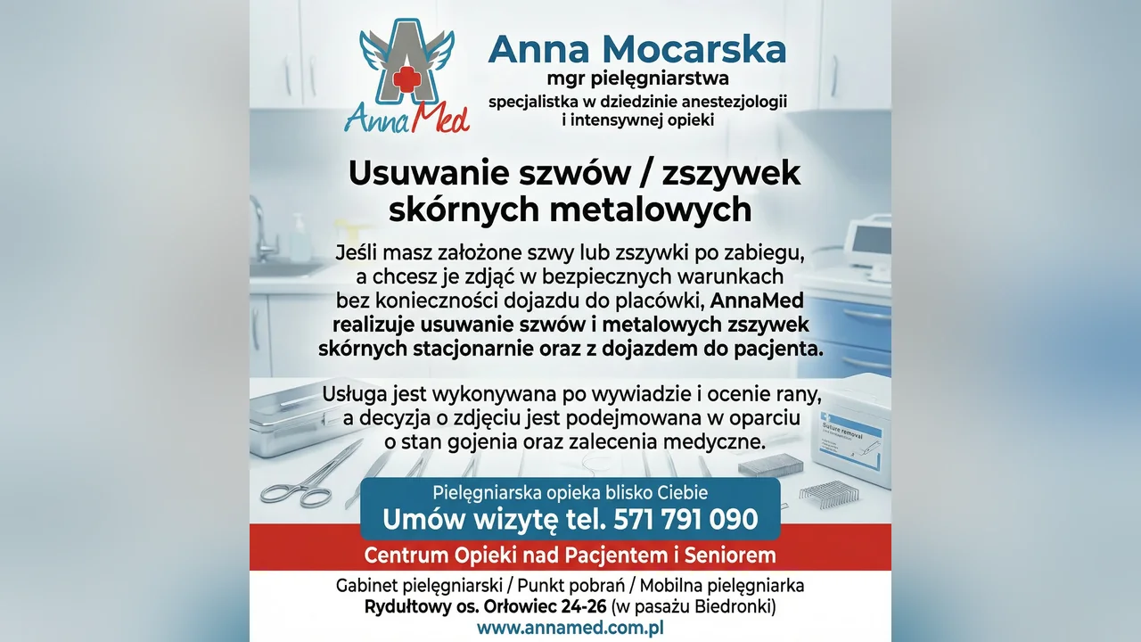 Grafika AnnaMed: Usuwanie szwów i zszywek skórnych – stacjonarnie i z dojazdem