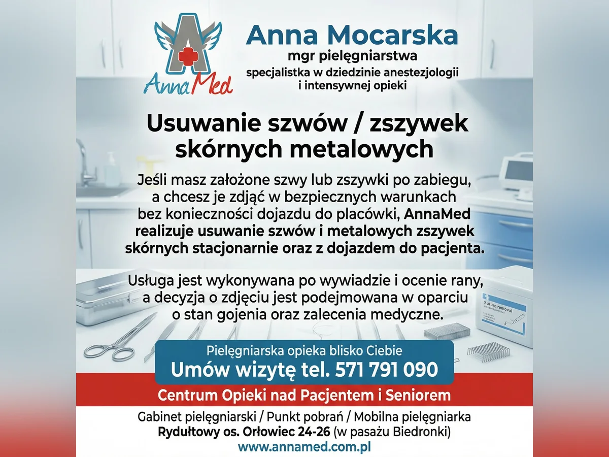Grafika AnnaMed: Usuwanie szwów i zszywek skórnych – stacjonarnie i z dojazdem